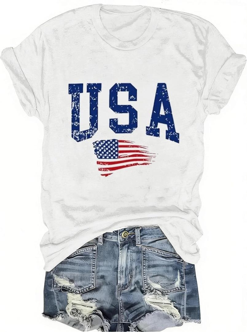 USA Flag Tee Shirt for Women 4th of July Memorial Day Gift T Shirt Casual Short Sleeve American Proud T-Shirt Tops (White, M)