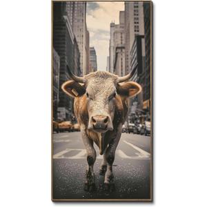 DRLWGTY Elephant and Cow Wall Art, Handmade Crystal and Sequin Details, Large Abstract Animal Paintings Decor,Unique Wildlife Artwork for Bedroom, Office, or Hallway,Living Room (Cow, 24*48 in, Framed)