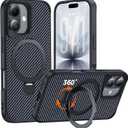 Designed for iPhone 17 Case with 360 Magnetic Stand, Carbon Fiber Phone Case [Compatible with Magsafe] [15FT Military Protection] with Stand Ring 6.3'', Black
