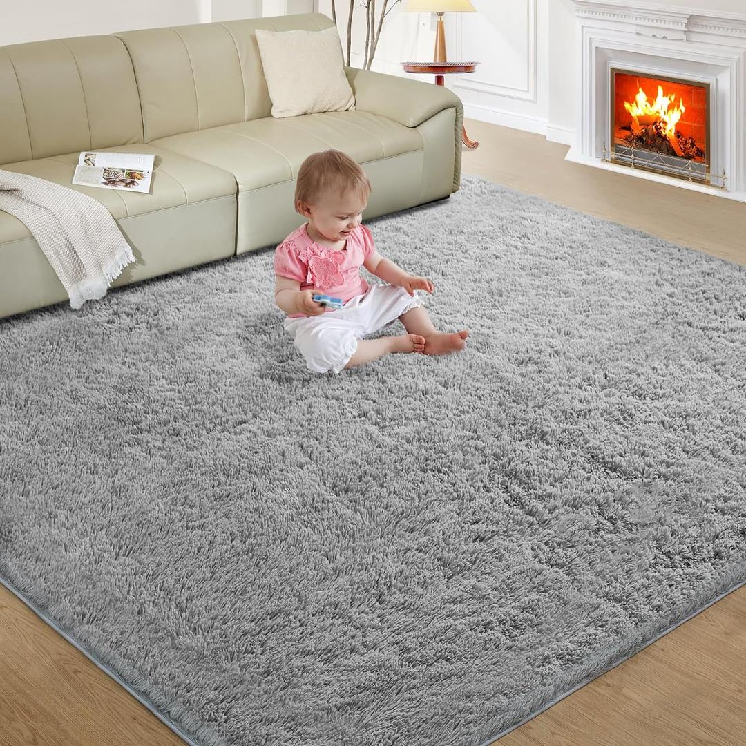 Ultra Soft Rug for Living Room, 9X12 Fluffy Shag Area Rug for Bedroom, Modern Shaggy Carpets Fuzzy Rug for Teens Dorm Nursery Home Decor Aesthetic, Upgrade Anti-Skid Durable, Light Grey