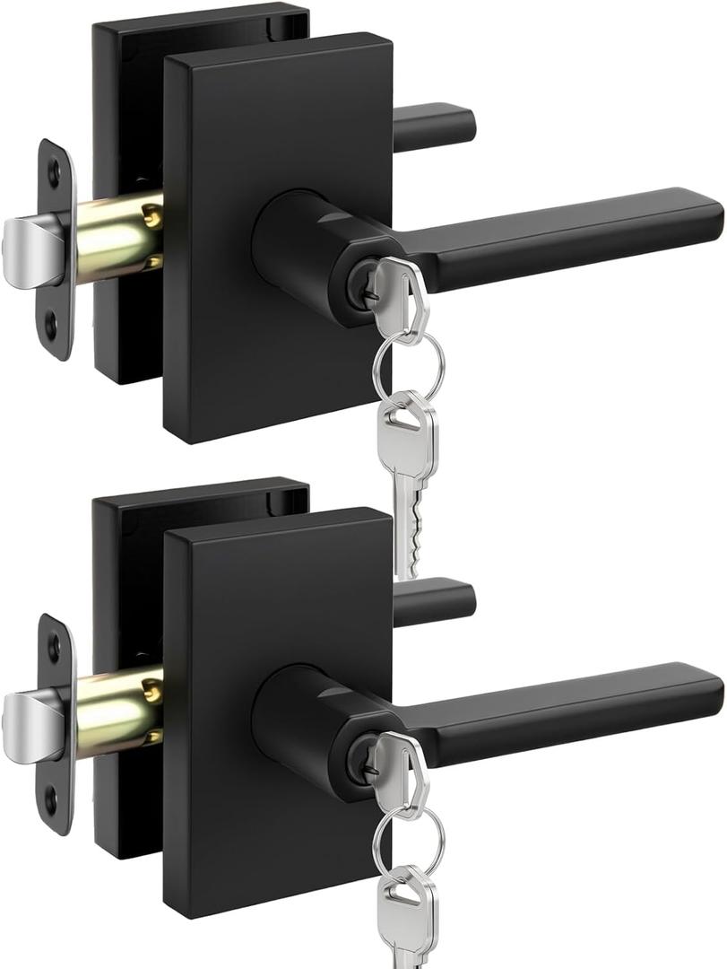 Goldenwarm Black Door Handle with Lock and Key, Square Matte Black Exterior Door Handle, Heavy Duty Zinc-Alloy Keyed Entry Door Lock with Key - 2 Pack