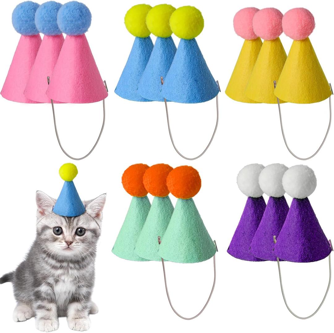 15 Pcs Mini Party Hats for Stuffed Animals - Small Cone Hats with Elastic String for Dolls, Cats, Dogs, Rabbits, Puppies, Pet Birthday Party Decorations & Photo Props - Multicolor, 1.9''x 3.1''