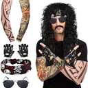 7 Pcs Rocker Costume Men's Wigs Black Curls Disco Men's Party Costume Men with Wigs Sunglasses Beards Sleeves Gloves Headscarves for 70s 80s 90s