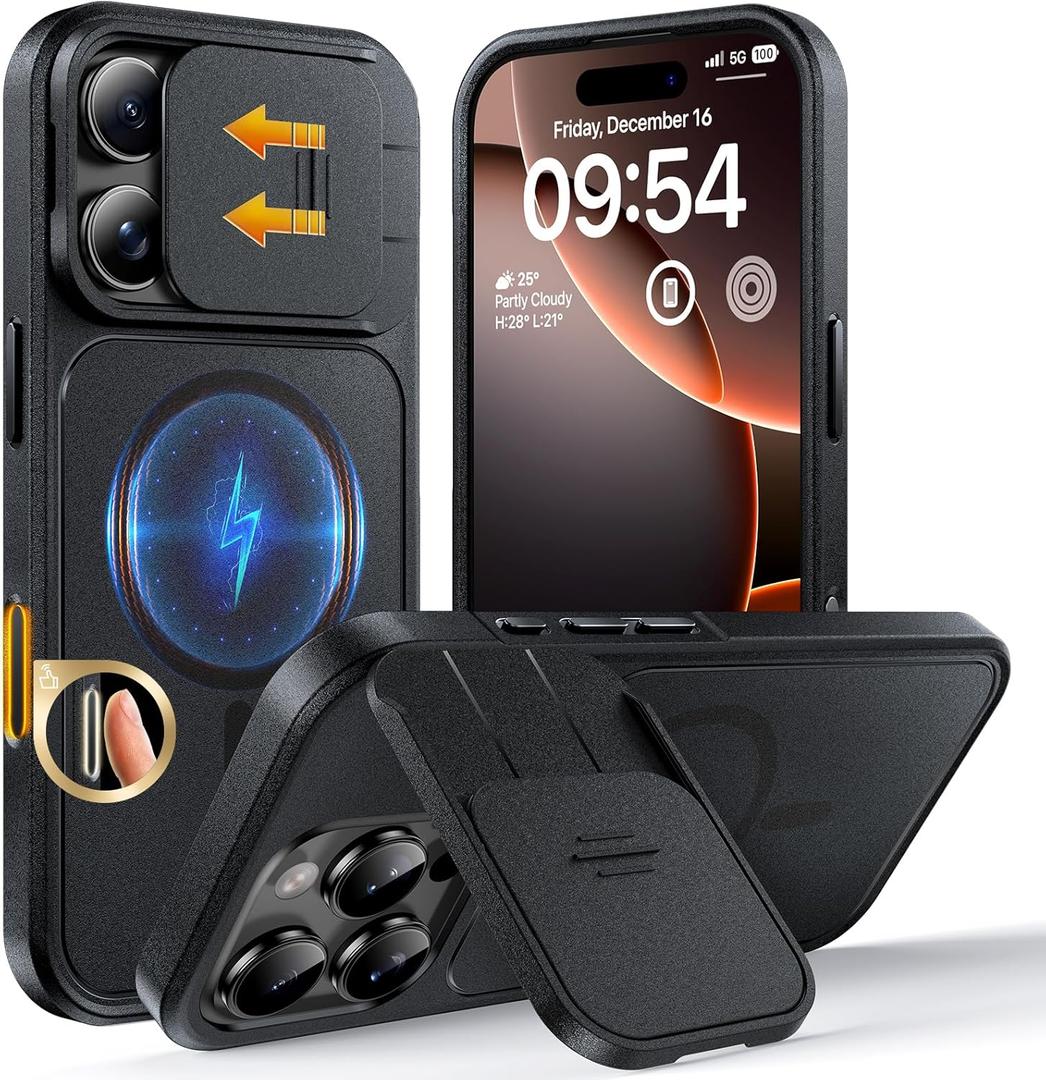 TOCOL for iPhone 16 Pro Max Case with Slide Camera Cover, Kickstand and Camera Control Button, Fit for MagSafe, Rugged Solid Phone Case, Non-Slip, Drop Protection, Space Black