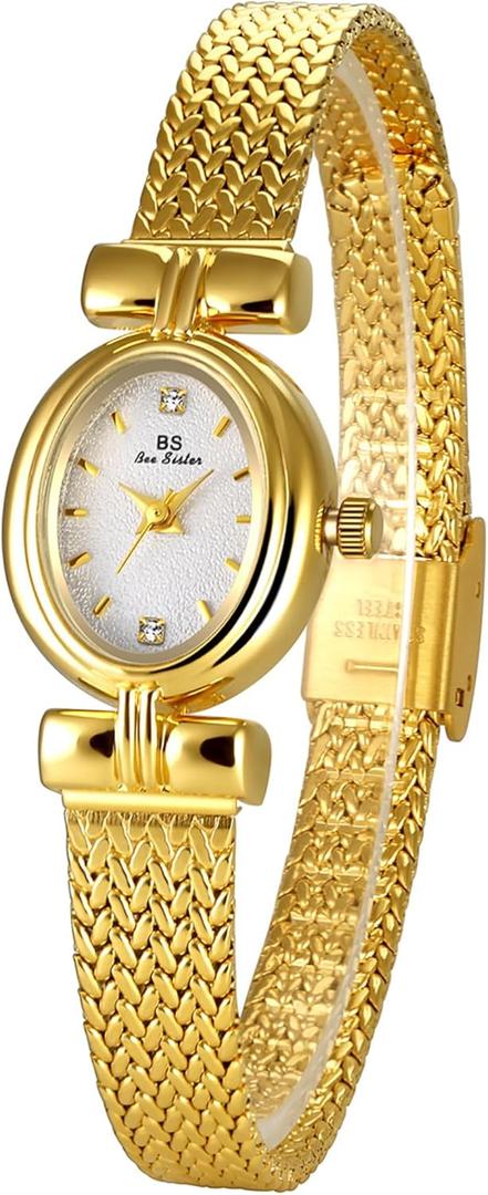 Gosasa Luxury Women Vintage Bracelet Wrist Watch Dainty Small Ladies Oval Quartz Watch Mesh Strap with Tools Included (A Gold White)