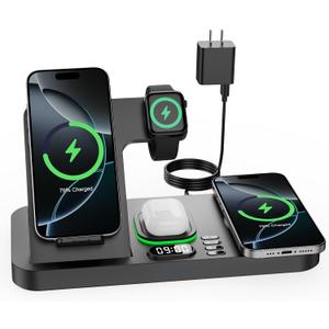 Dual Phone Wireless Charging Station for Apple Devices, Magnetic Charging Station for iPhone with Auto Switch 7-Color Light & Clock, Family Watch Charger for iPhone17 for iWatch11 for AirPods Pro3(Black