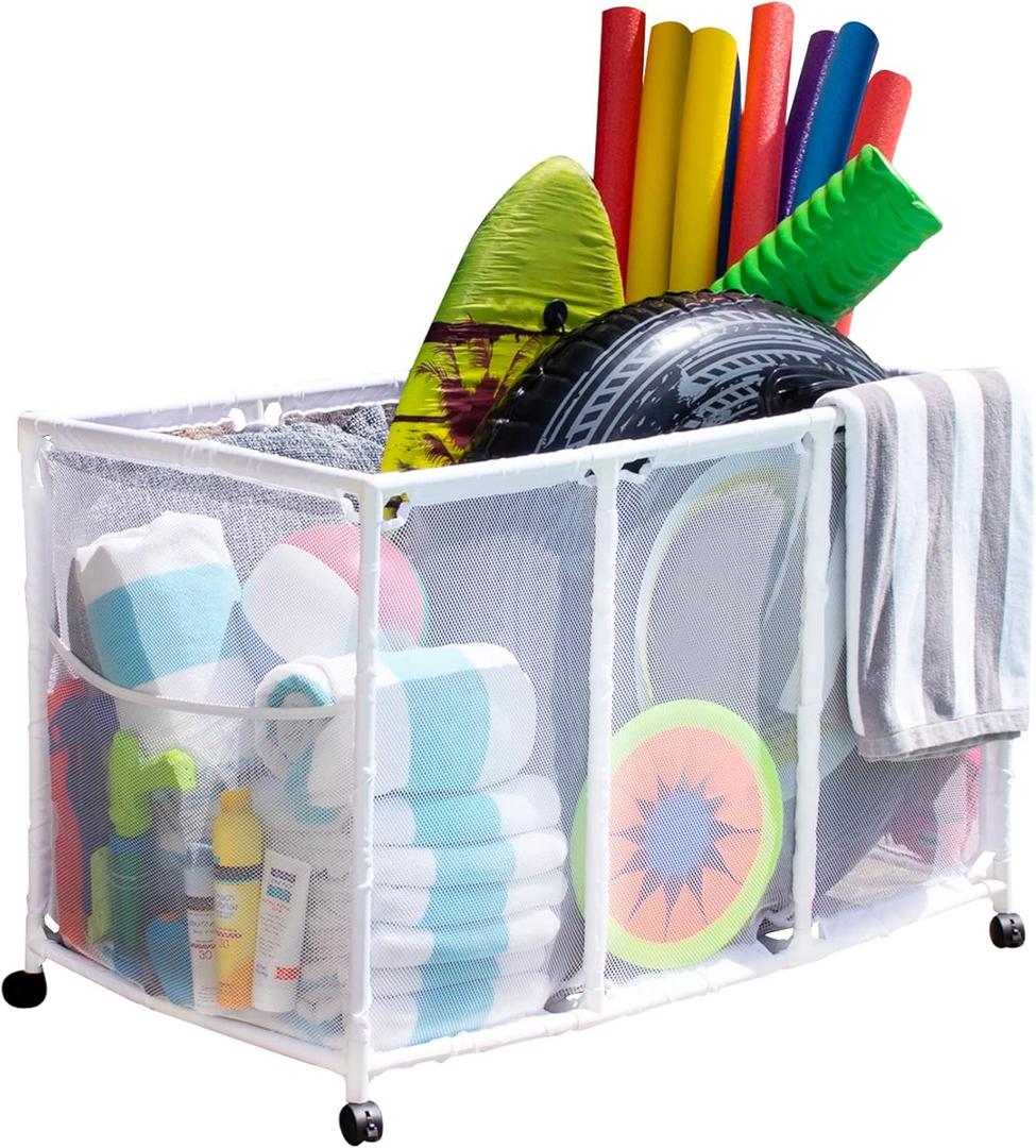 Pool Noodles Holder, Toys, Balls and Floats Equipment Mesh Rolling Storage Organizer Bin, Kids Height, Large, (25" L x 43" W x 28" H), White