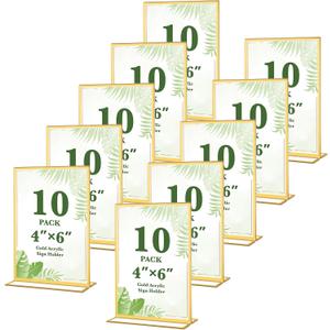 10 Pack Gold Acrylic Sign Holders 4x6 Inch, Double Sided Vertical Stand Clear Picture Frames, Table Menu Display Holders for Wedding Table Numbers, Restaurant Signs, Party and Office Photos
