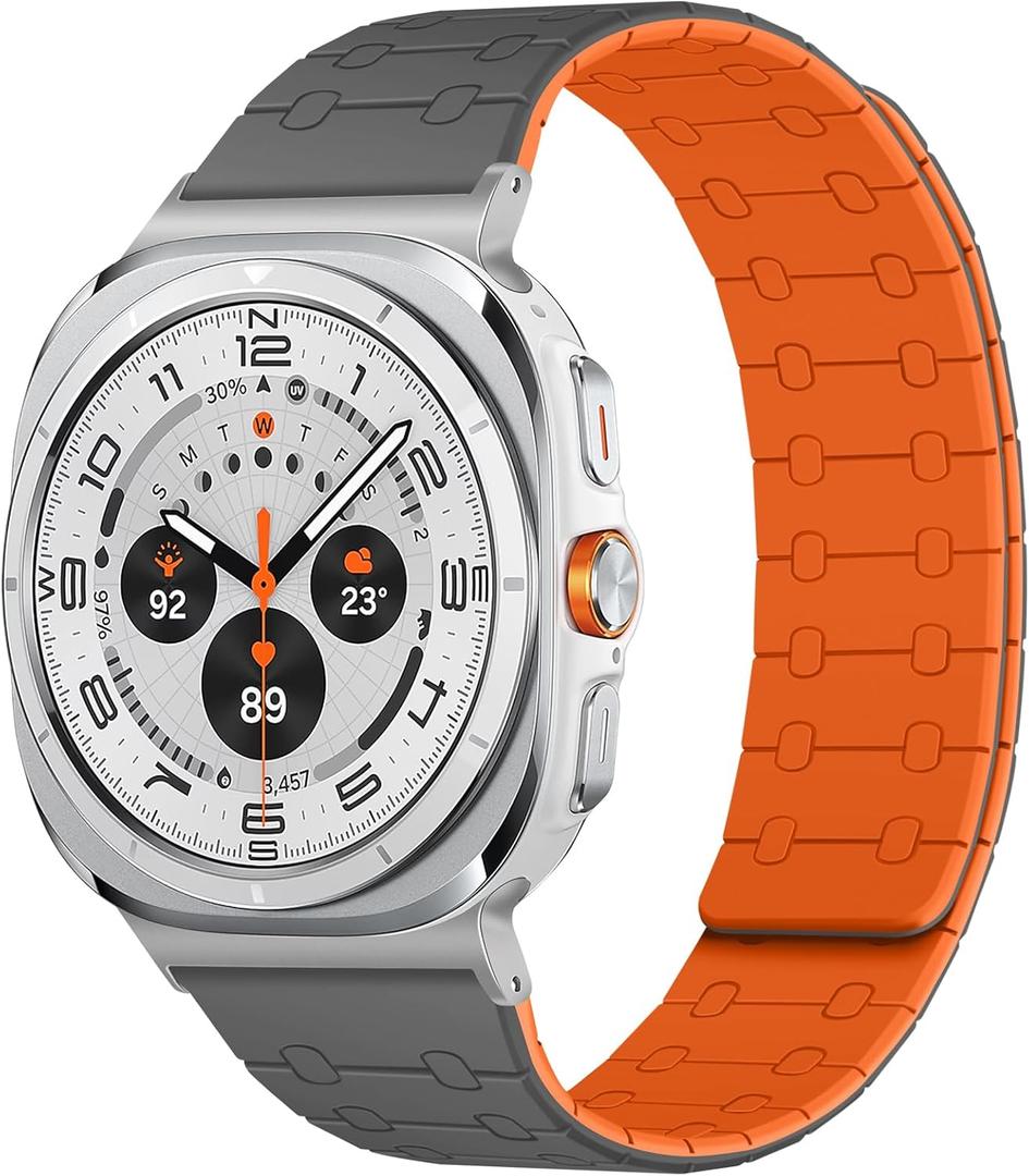 Amizee No Gap Band Compatible with Samsung Galaxy Watch Ultra (2025/2024) Band 47mm, 22mm Magnetic Sport Silicone Strap for Women Men, Gray/Orange