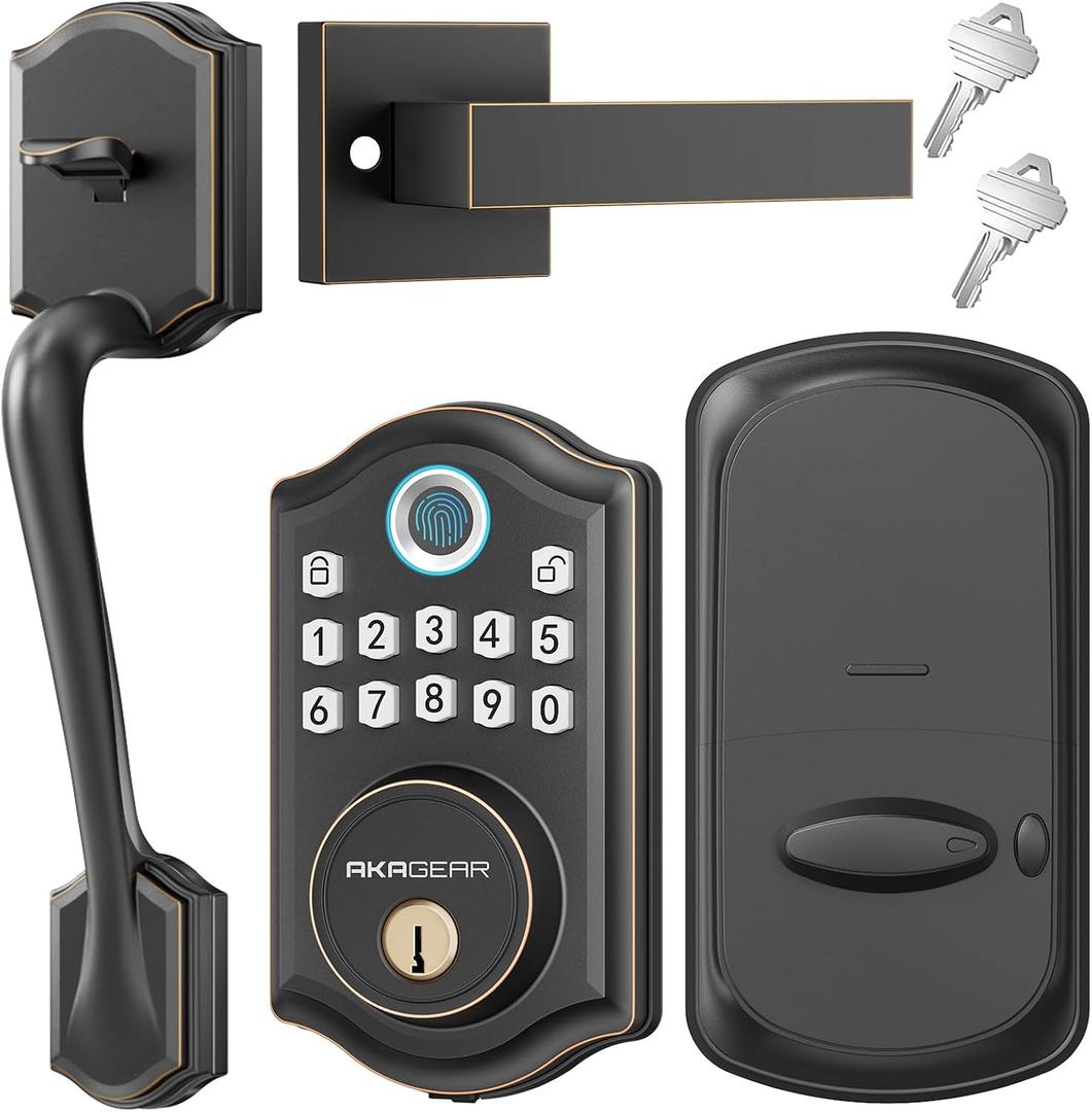 AkaGear DS10 Keyless Entry Door Lock with Handle Set - Fingerprint Deadbolt, Electronic Keypad Deadbolt, Smart Locks for Front Door, Auto-Lock & One Touch Locking - Oil Rubbed Bronze
