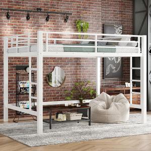 Bellemave Queen Size Loft Bed Frame with 2 Build in Ladder and Full Length Guardrail, Easy Assemble Loft Bed Queen Size, Noise Free Design, No Box Spring Needed, White