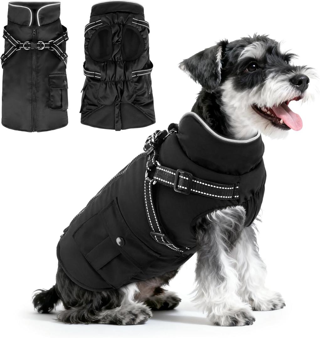 Dog Coat Winter Warm Dog Jacket for Medium Dogs Waterproof Winter Vest Breathable Dog Clothes Dog Jumper with Harness Hole Reflective Stripes Large Dogs (Black)