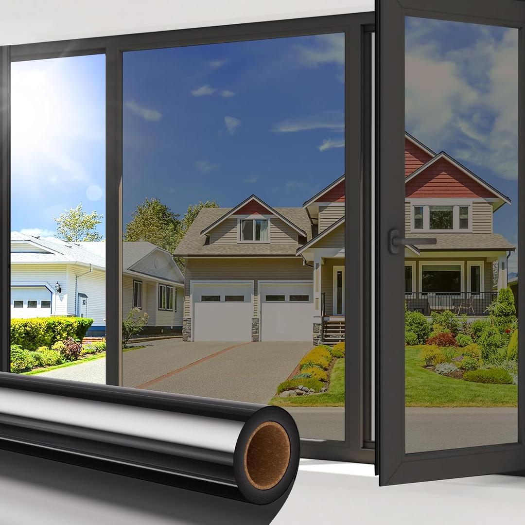 Coavas One Way Privacy Window Film Daytime Mirror Reflective Window Tint for Home Heat UV Sun Blocking Anti-Glare Covering See Out Not in Static Cling Removable for Bedroom,Black-Silver,17.5x118.1In
