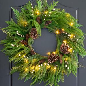 Pinkpuii Prelit Christmas Wreaths for Front Door 24 Inch- Real Touch Norfolk Pine Wreath with Lights,Green Evergreen Outdoor Xmas Wreath with Natural Pine Cones and Berries for Farmhouse Home Decor