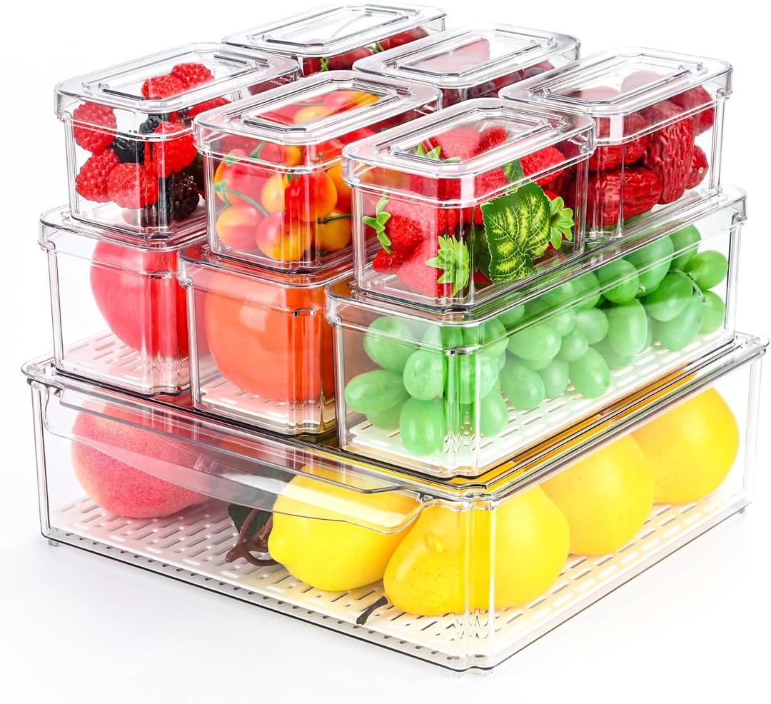 10 Pack Fridge Organizer, Stackable BPA-Free Refrigerator Organizer Bins with Lids, Fruit Storage Containers for Fruit Vegetable Food Drinks Cereals Clear