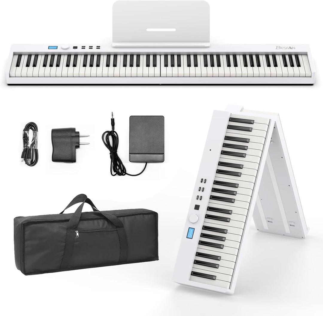 BESFAN 88 Key Keyboard Piano BSP-10F Portable Folding Piano with Semi-Weighted Keyboard, 128 Tones, USB MIDI, Sustain Pedal, Music Stand for Beginners Gifts, White