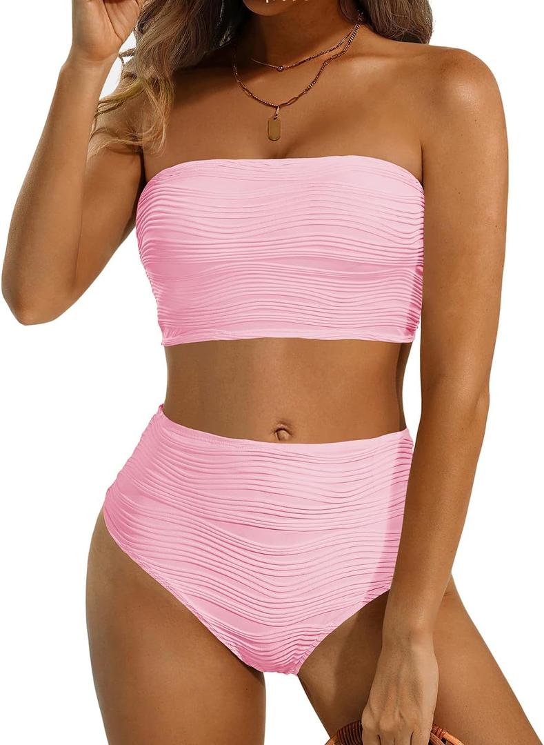 High Waisted Bandeau Bikini Set - Women Strapless Two Piece Swimsuits Ribbed Longline Full Coverage Bathing Suits Swimwear (Medium, Light Pink)