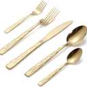 TENCDORS 40 PCS Stainless Steel Flatware Set Hammered Silverware Set Hand Forged Gold Cutlery Handle Mirror Water Flow Pattern Home Event Use Wedding Housewarming Gift Service for 8, Dishwasher Safe