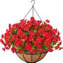 Ouddy Decor Artificial Hanging Plants Flowers Basket for Spring Summer Outdoor Decor, Fake Hanging Flowers Faux Silk Morning Glory UV Resistant for Patio Yard Porch Garden Home Decorations, Red