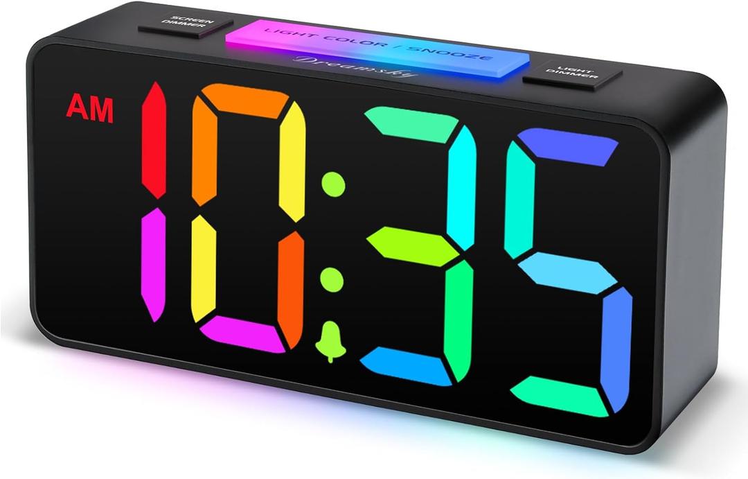 DreamSky Small Digital Alarm Clock with Night Light for Kids Bedroom | RGB Desk Clock with Large Numbers for Teens Boys, Brightness Dimmer, Adjustable Alarm Volume, USB Port, USB-C Adapter Powered