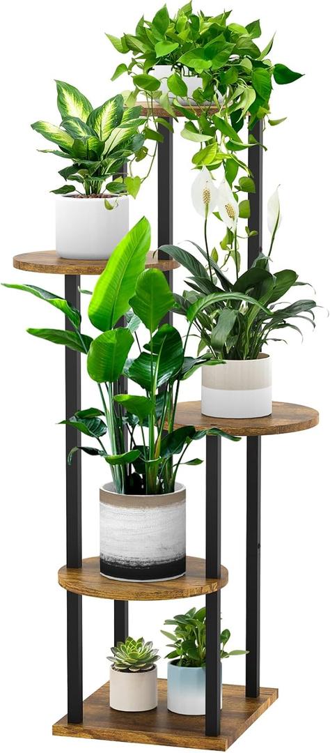 5 Tier Wood Tall Plant Stand Metal Rack Indoor, Multiple Flower Pot Holder Shelves Corner Rack, Round Planter Shelf Display Rack Storage Organizer for Patio Living Room Balcony(Black+Brown)