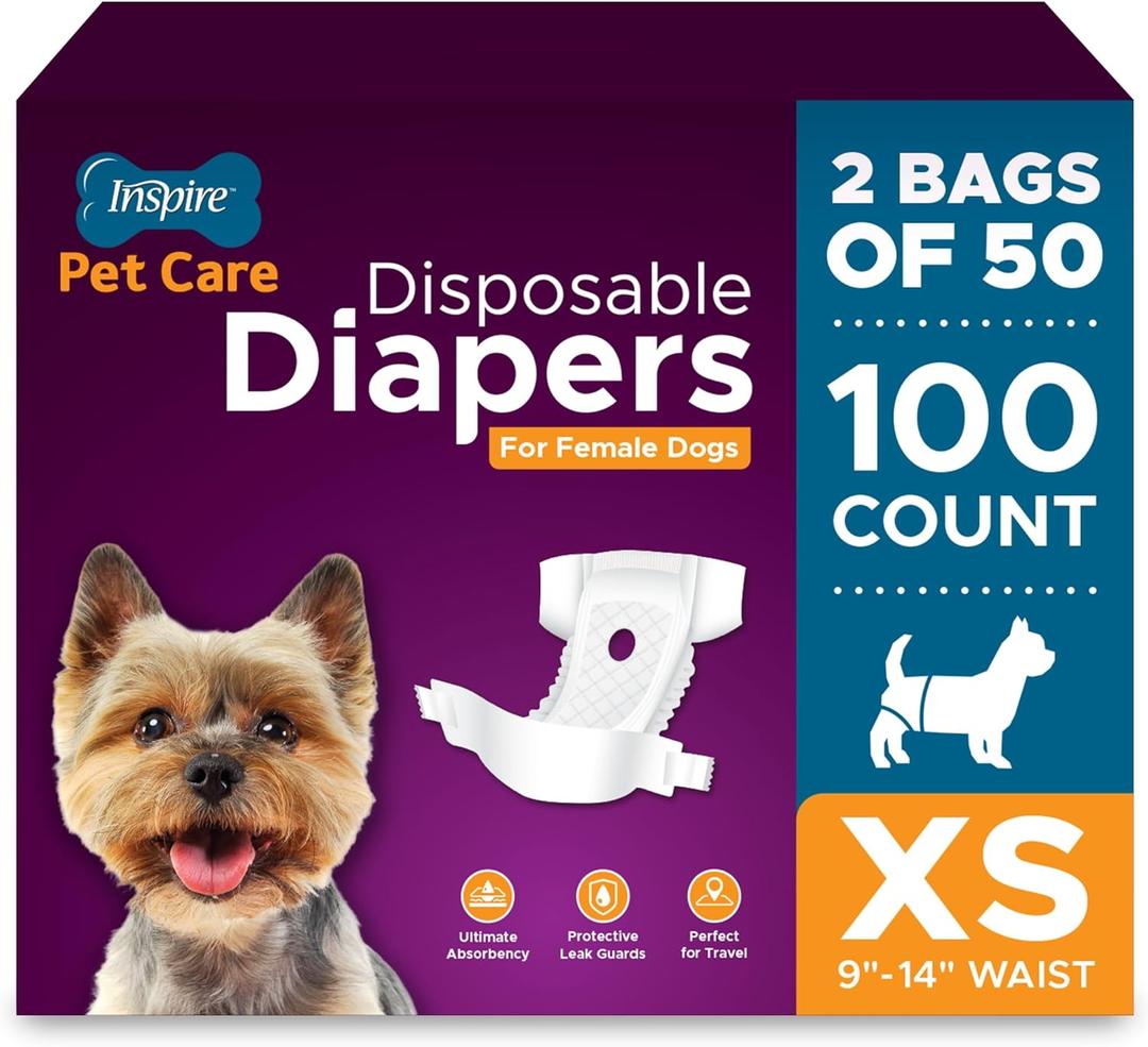 Inspire Pet Care Dog Diapers Female Dogs | Bulk Value Doggie Incontinence, Accidents, for Heat, Pee or Period and Housebreaking (X-Small (100 Count))