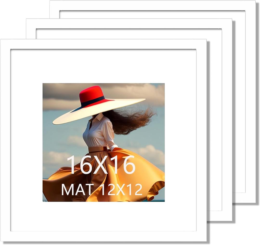 16x16 Picture Frame 3 Pack White Solid Wood for Mat 12x12 Wall Mounting Square Poster Frames