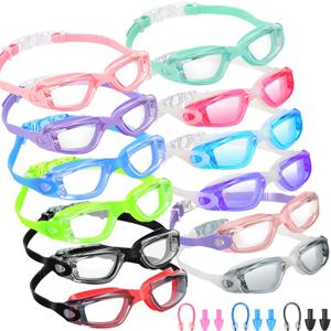 Xuhal 12 Pack Swim Goggles for Adult Anti Fog Swimming Glasses Leak Proof Swim with 12 Waterproof Nose Clips (Light Color)