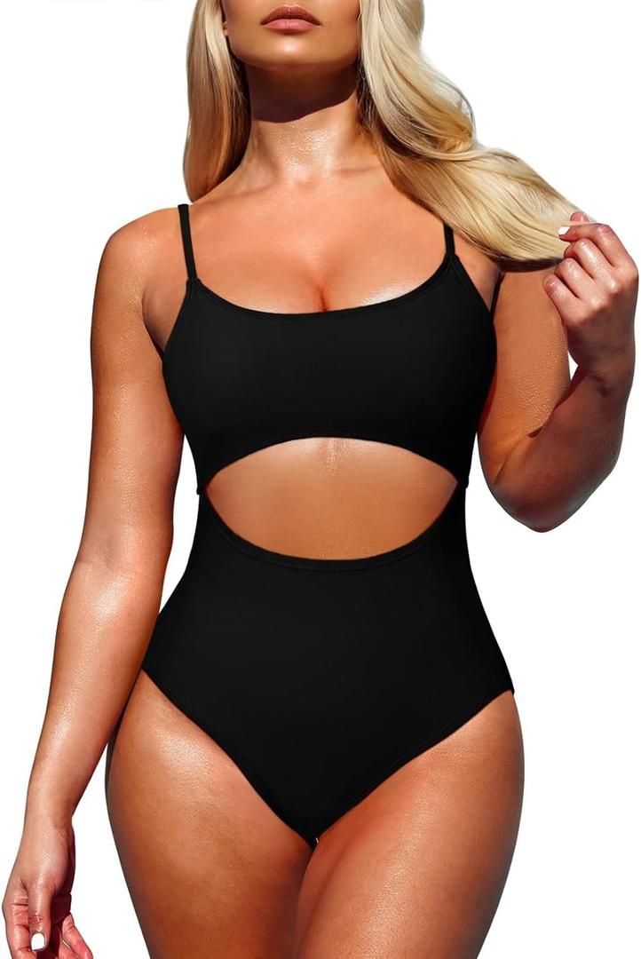 Pink Queen Women's One Piece Swimsuit Spaghetti Strap Scoop Neck Cutout High Waisted Bathing Suit Monokini (Large, Black)