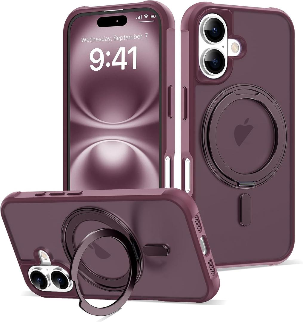 for iPhone 16 Case with 360 Rotatable Magnetic Ring Stand [Compatible Mag-Safe] [Military Grade Protection] Translucent Matte Phone Cases for Women Men 6.1'', Wine Red