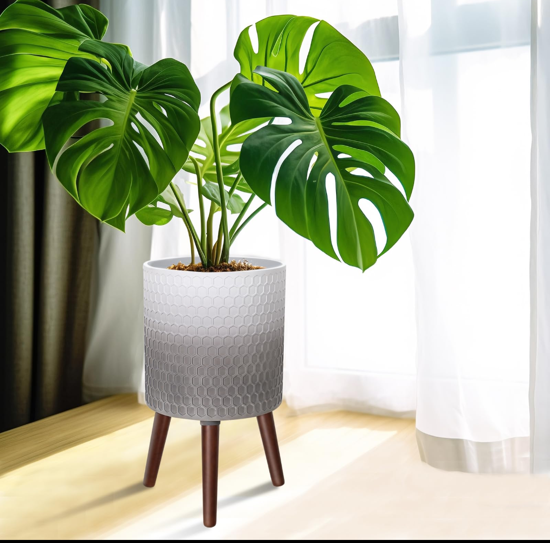 12 Inches Indoor Plant Pot with Walnut Color Stand Honeycomb Embossed Flower Pot with Drainage Holes Large Modern Planters for Indoor Plants-Gradient White Gray