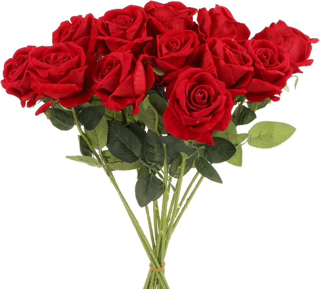 uxcell 12 Pcs Bright Red Roses Artificial Flowers, Velvet Rose Real Touch Fake Roses with Stems for Home Decor Wedding Bouquet Hotel Office Decor