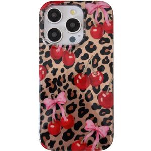 Cherry Bow Cheetah Print Glitter Phone Case for iPhone 15 Pro 6.1",Trendy Cute Retro Brown Leopard Pink Bows Aesthetic Bling Protective Girly Cover for iPhone 15pro 6.1in