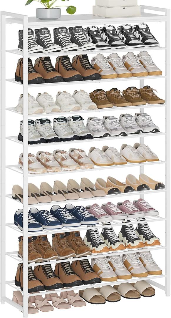 10 Tier Shoe Rack Organizer for 40-50 Pairs, Tall Metal Shoe Storage Shelf with Wood Top, Adjustable Boot Space, Narrow Design for Entryway Closet,White