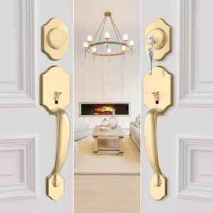 goldenwarm Double Front Door Lock Set, Gold Double Door Handlewith Dummy, Double Classic Front Door Hardware Set with Reversible Wave Handle Lever, Double Entry Door Lock Set