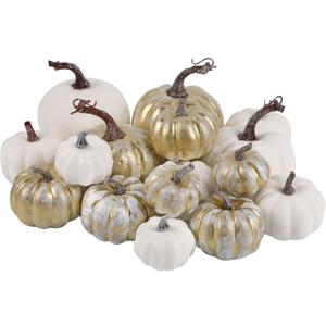 winemana 16 Pcs Golden and White Pumpkins Thanksgiving Pumpkin Decorations Assorted Sizes, Artificial Foam Harvest Autumn Decor, Fake Pumpkins Fall Decorations for Indoor Home Kitchen Table Mantle