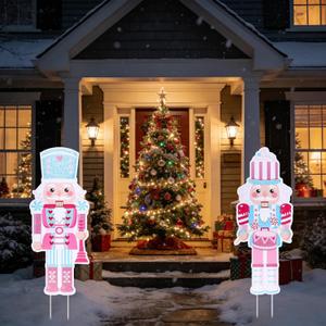2PCS Xmas Lawn Garden Sign for Porch, Lawn, Garden, Winter Holiday Party Supplies, Two Pieces of Pink Nutcracker Yard Stakes, Nutcracker Christmas Sign, and Christmas Yard Decorations
