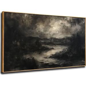 Dark Forest Landscape Canvas Wall Art 24x48, Natural Framed, Moody Nature Wall Decor, Dark Forest Landscape Print, Rustic Farmhouse Artwork for Living Room or Office
