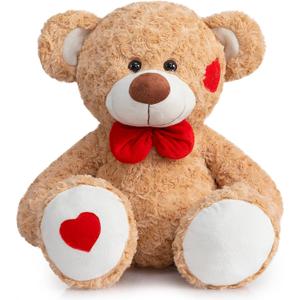 HollyHOME Teddy Bear Stuffed Animal Plush Toy with Red Bow and Heart Patch Soft Cuddly Teddy Bears Holiday Toys for Girlfriend Lover Mom Kids Valentines Birthdays Gifts Home Decor Gift 24 inches Tan
