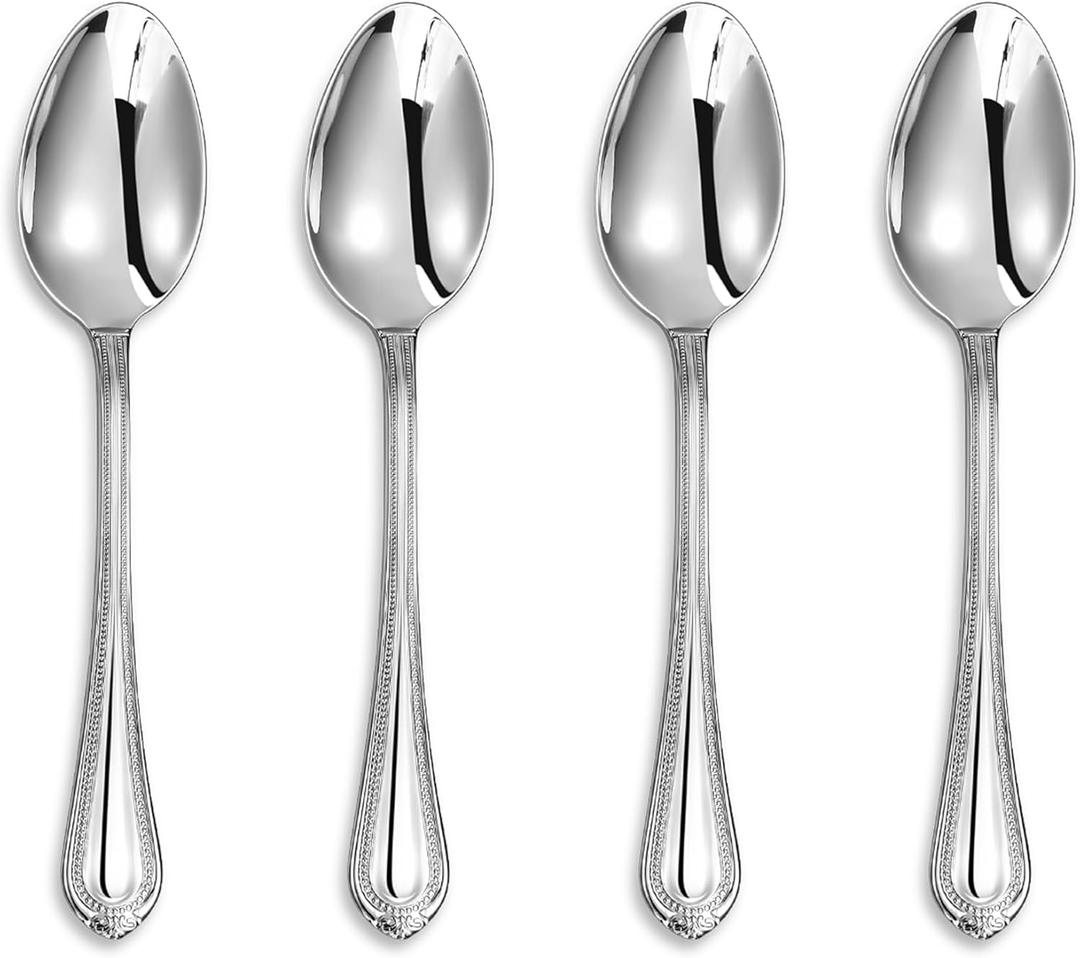 KEAWELL Pearl Edge 4-Piece Premium Spoon Set, 18/10 Stainless Steel, Fine Silverware Spoons with Refined Bead Design, Brightly Polished, Dishwasher Safe (Silver, 6.4" Teaspoons)