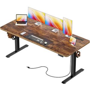 Huuger 63 X 24 Inch Electric Standing Desk with Power Outlets and USB-C Port, Height Adjustable Desk, Sit Stand Desk for Home Office, Computer & Gaming Desk, Stable Steel Frame, Rustic Brown, 63 x 23.6 inch