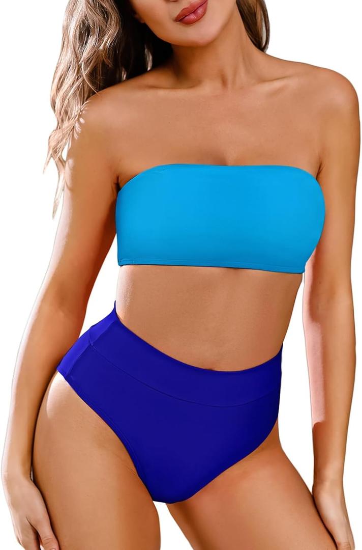Pink Queen Women's Removable Strap Wrap Pad Cheeky High Waist Bikini Set Swimsuit (02 - Color Block Blue) XL