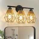 Frideko 3-Light Bathroom Vanity Light Fixtures, Rattan Bathroom Light Fixtures Over Mirror, Boho Wall Sconce with Woven Lampshade, Farmhouse Wall Light, Modern Black Wall Lamp for Living Room Bedroom