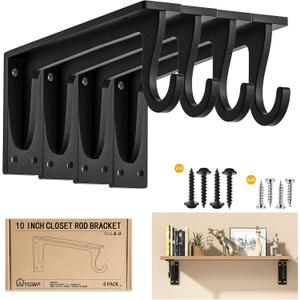 Closet Rod Brackets Heavy Duty Support 400 lbs WYGWP 10 inch Wall Mounted Closet Shelf Brackets with Rod Holder for Home and Closet Decor (4pack Black)