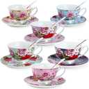 BTaT- Floral Tea Cups and Saucers with Spoon, 8 oz, 6 Set, Porcelain Tea Cups Sets, Dishwasher Safe
