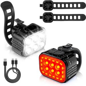WORKPRO Bike Lights Set [8+13 Modes], Rechargeable Bicycle Light Set Ultra Bright, IP65 Waterproof Bike Lights for Night Riding, 1200mAh Bike Headlight and Tail Light Reflectors (Black)