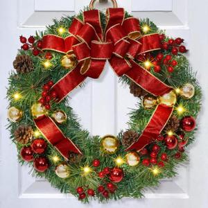 Christmas Wreaths for Front Door with Bow, 16" Christmas Door Wreath with Balls Berries & Pine Cones, Christmas Wreath for Door Home Wall Outdoor Decor