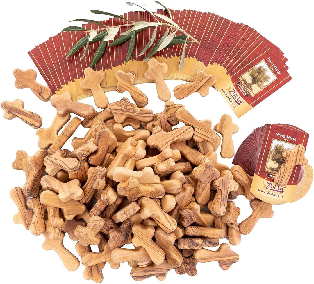 Zuluf 100 Small Olive Wood Comfort Crosses from Bethlehem Israel | Pocket Holding Crosses | Comes With 100 Holy Land Certificates 6cm / 2.5 Inch Each Cross - CRS301