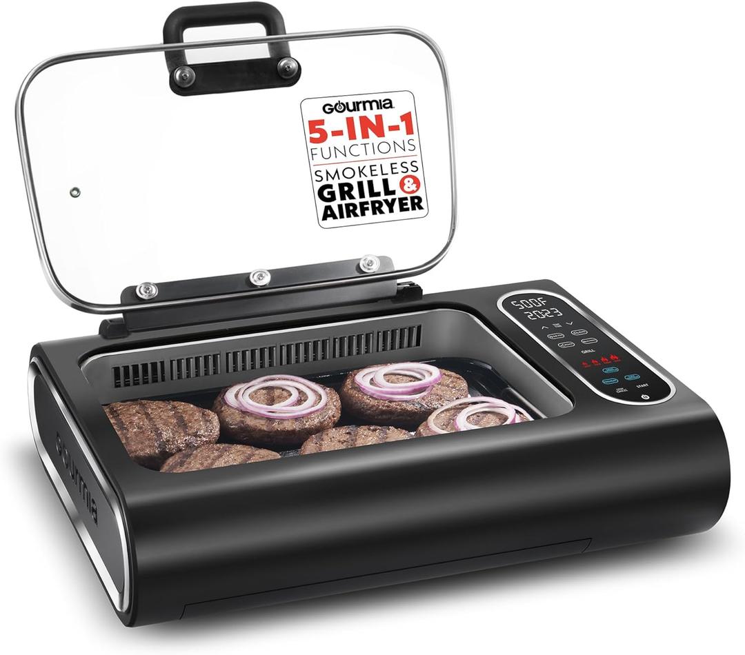 Gourmia Smokeless Indoor Grill & Air Fryer raclette grill with Smoke Extracting Technology for indoor grill Extra-Large Nonstick Cooking electric grill indoor Korean BBQ Style 6 Quart FoodStation