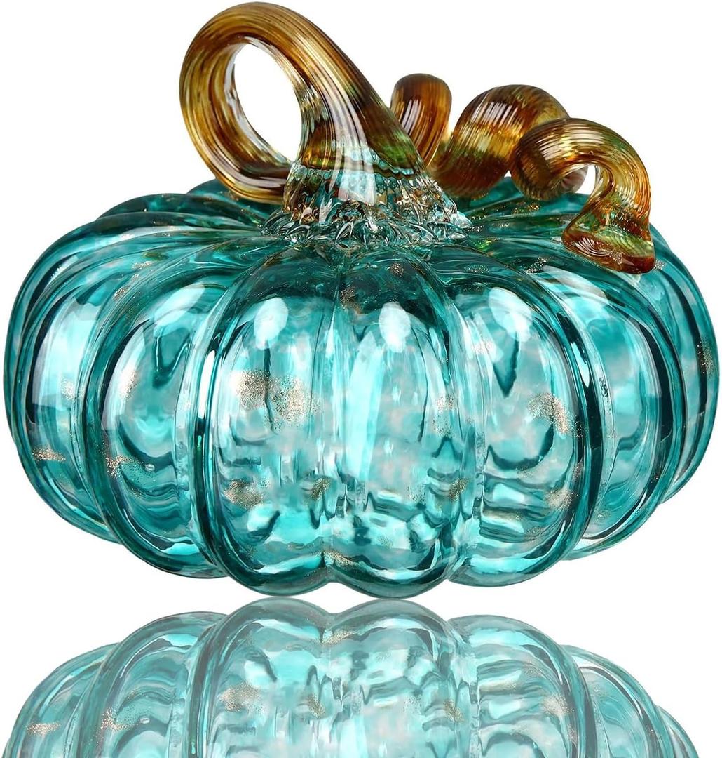 3" Large Blown Glass Pumpkin Figurine Collectible Thanksgiving Fall Harvest Pumpkin Crystal Glass Paperweight Decorations for Home(Green) (Blue)
